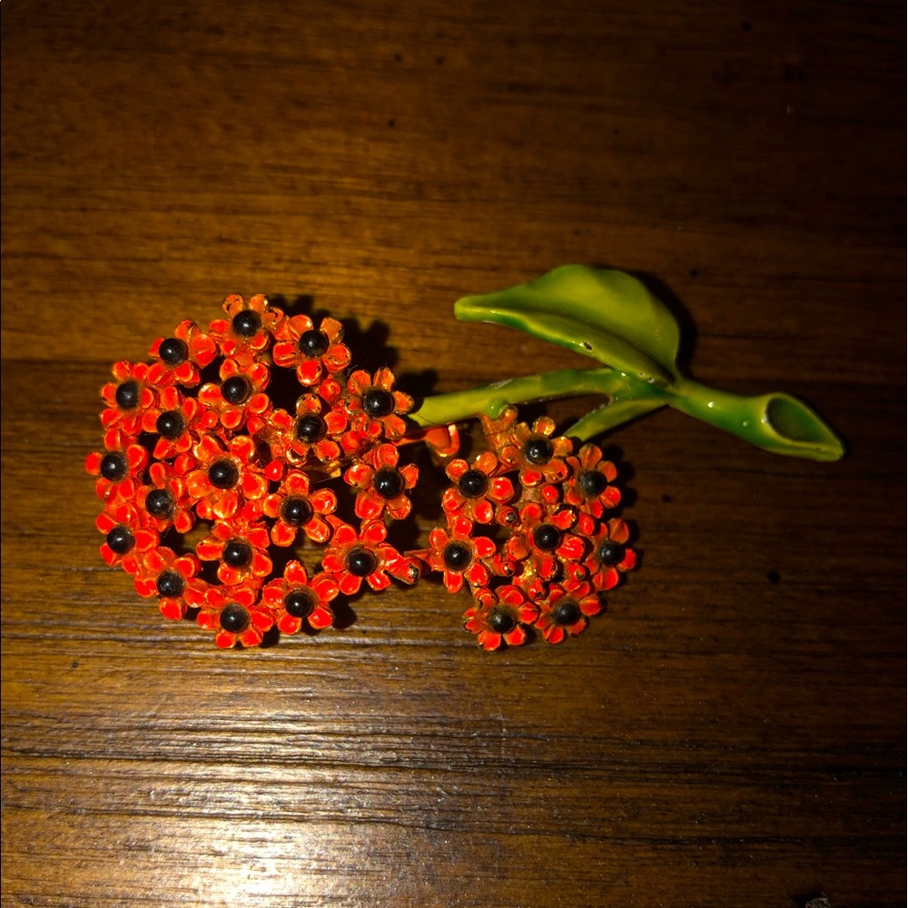 WEISS Retro Hippy Mod 60's Orange Enamel Metal Flower Bouquet Brooch Pin